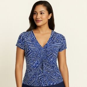 Cable & Gauge Blue Geometric Twisted Vneck Top Sz Lg